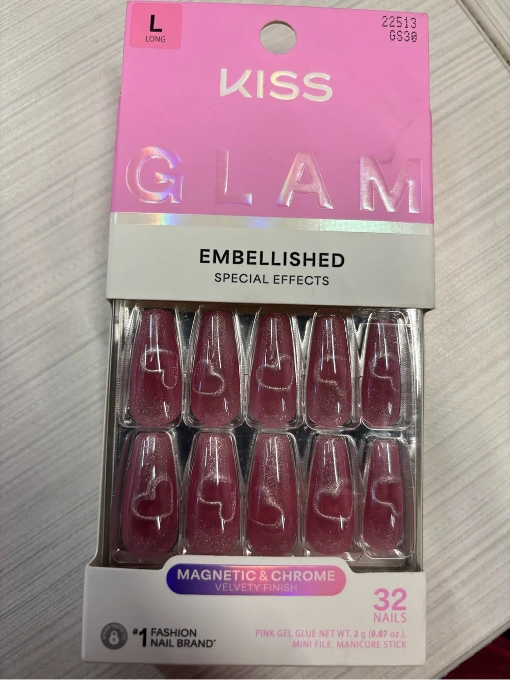 🧼KISS Glam Embellished Magnetic & Chrome Pink hearts Press-On Nails